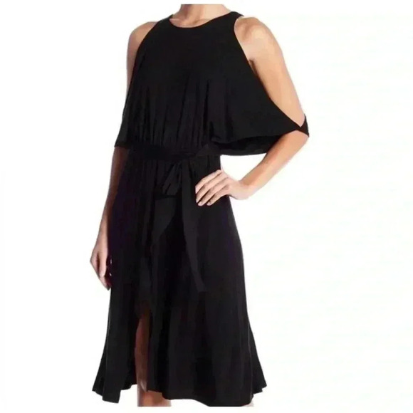 Splendid Black Cold Shoulder Midi Dress L | Wrap Waist Tie, Flowy Slits - Picture 1 of 11